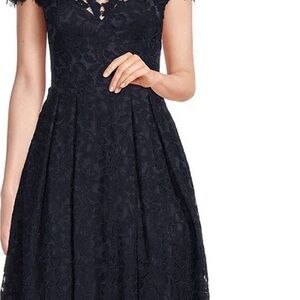 Eliza J Lace Cap Sleeve Scalloped V-Neck Illusion Back A-Line Dress